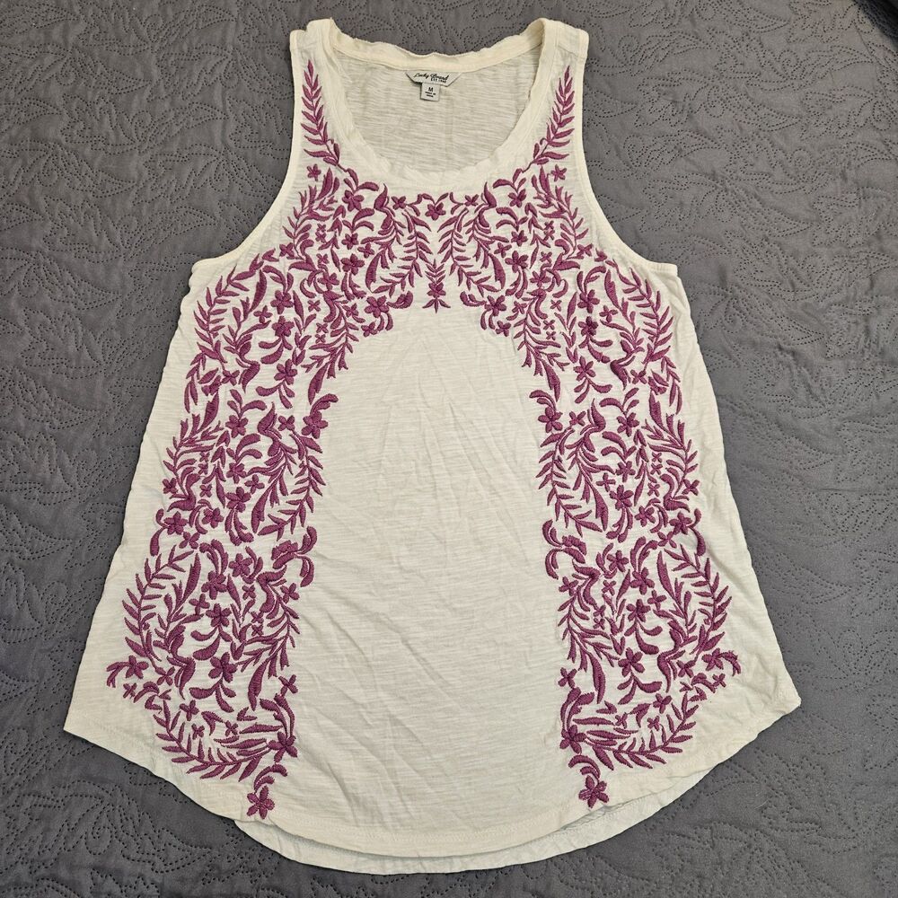 Lucky Brand Sz M Sleeveless Tank Top Blouse White Pink Embroidered Boho Festival
